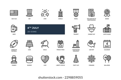 4th july independence day of usa patriotism and nationality detailed outline line icon set