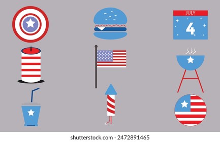 4th of July, Independence Day of the USA, Simple Flat Icons Vector illustration.