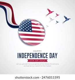 4th of July - Independence Day USA Post and Greeting Card. United States Independence Day Celebration with Text and Origami Birds Vector Illustration