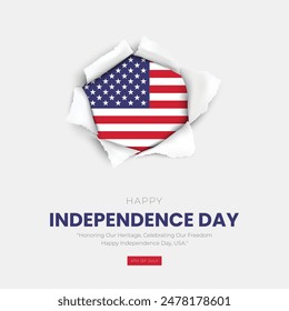 4th of July - Independence Day USA Post and Greeting Card. United States Independence Day Celebration with Text and papercut effect Vector Illustration.