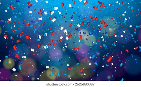 4th of July Independence Day of the USA Vector Illustration with Falling Confetti and American Flag Color Star Pattern on Shiny Blue Background. Fourth of July National Celebration Background Design