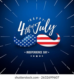 4th of July Independence Day of the USA Vector Illustration with American Flag Pattern Mustache and Typography Letter on Dark Blue Background. Fourth of July National Celebration Design for Banner