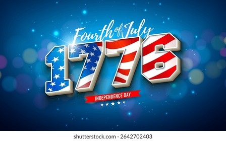 4th of July Independence Day of the USA Banner Illustration with American Flag in 3d 1776 Typography Lettering on Blue Background. Vector Fourth of July National Celebration Design for Flyer