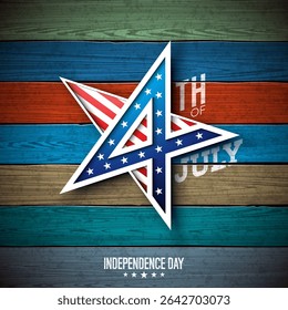 4th of July Independence Day of the USA Banner Design with American Flag Pattern Star symbol and Typography Lettering on Vintage Wood Background. Vector Fourth of July National Celebration