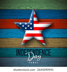 4th of July Independence Day of the USA Banner Design with American Flag in 3d Star Symbol and Typography Lettering on Vintage Colorful Wood Background. Vector 1776 Fourth of July National Celebration