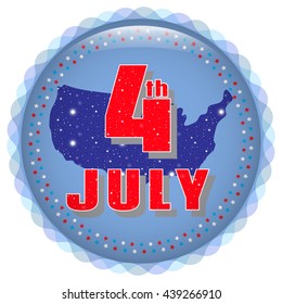 4th of July Independence Day USA bright icon. Map of America painted in the pattern of cosmic, space design. Greeting card with a holiday July 4th. Bright red lettering July 4th. Vector illustration