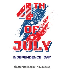 4th of July Independence Day USA. Bright July 4th on a white background with scuffed brush strokes and stars in grunge style. Independence Day July 4th holiday greetings, card, banner, flyer. Vector