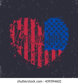 4th of july, Independence Day in USA, heart with flag, american patriotic sign, t-shirt print on dark, vector illustration