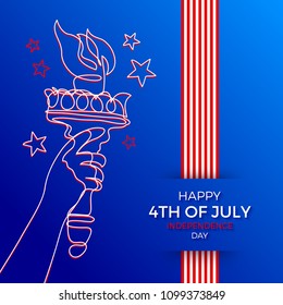 4th of July, Independence day - Vector illustration. Line art hand of Statue of liberty with flaming torch and greeting type design.