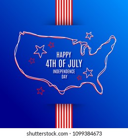 4th of July, Independence day - Vector illustration. Line art silhouette of USA map and greeting type design.