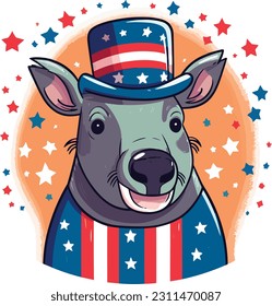 4th of July, Independence Day, Vector Cartoon,Tapir