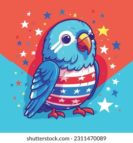4th of July, Independence Day, Vector Cartoon,Parakeet 