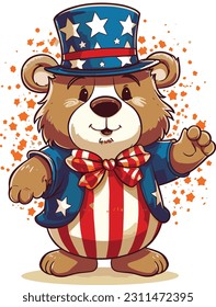 4th of July, Independence Day, Vector Cartoon,Bear