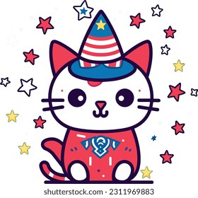 4th of July, Independence Day, Vector Cartoon,cat