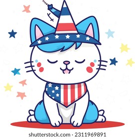 4th of July, Independence Day, Vector Cartoon,cat