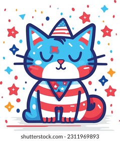 4th of July, Independence Day, Vector Cartoon,cat
