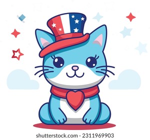 4th of July, Independence Day, Vector Cartoon,cat