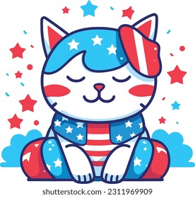 4th of July, Independence Day, Vector Cartoon,cat