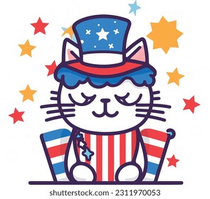 4th of July, Independence Day, Vector Cartoon,cat