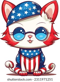 4th of July, Independence Day, Vector Cartoon,Cat