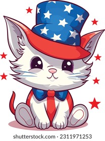 4th of July, Independence Day, Vector Cartoon,Cat