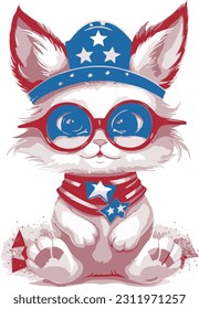 4th of July, Independence Day, Vector Cartoon,Cat