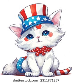 4th of July, Independence Day, Vector Cartoon,Cat