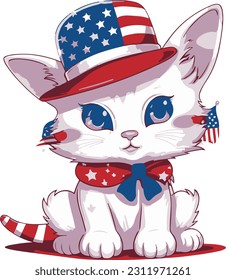 4th of July, Independence Day, Vector Cartoon,Cat