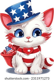 4th of July, Independence Day, Vector Cartoon,Cat
