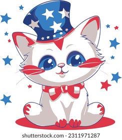 4th of July, Independence Day, Vector Cartoon,Cat