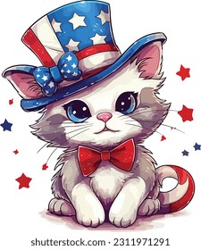 4th of July, Independence Day, Vector Cartoon,Cat