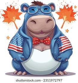4th of July, Independence Day, Vector Cartoon,Hippopotamus
