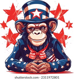 4th of July, Independence Day, Vector Cartoon,Chimpanzee