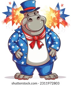 4th of July, Independence Day, Vector Cartoon,Hippopotamus