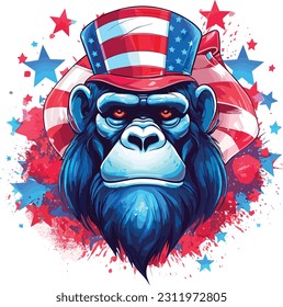 4th of July, Independence Day, Vector Cartoon,Gorilla