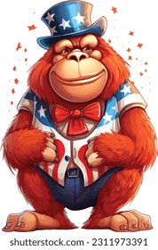 4th of July, Independence Day, Vector Cartoon,Orangutan
