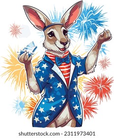 4th of July, Independence Day, Vector Cartoon,Kangaroo