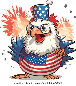 4th of July, Independence Day, Vector Cartoon,Chicken