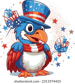 4th of July, Independence Day, Vector Cartoon,Bird