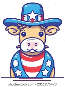 4th of July, Independence Day, Vector Cartoon,Cow