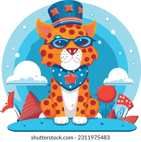 4th of July, Independence Day, Vector Cartoon,Cheetah