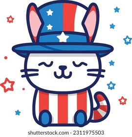 4th of July, Independence Day, Vector Cartoon,cat