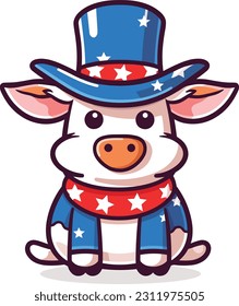 4th of July, Independence Day, Vector Cartoon,Cow
