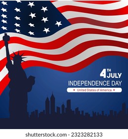 4th July Independence day vector background. Independence day of usa banner. Design with flag,liberty statue and new york city sillhouette. 