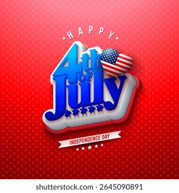 4th of July Independence Day Vector Illustration with American Flag Color 3d Text Label on Red Star Pattern Background. USA Fourth of July National Celebration Design with Typography Letter for Banner