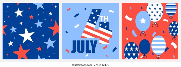 4th of July Independence Day Vector Banner Set with Balloons, Stars, Confetti, and Patriotic Typography on Red, White, and Blue Background. Seamless pattern set, social media banners. 