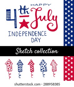 4th July Independence day. Vector typography and sketch elements collection.