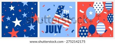 4th of July Independence Day Vector Banner Set with Balloons, Stars, Confetti, and Patriotic Typography on Red, White, and Blue Background. Seamless pattern set, social media banners. 