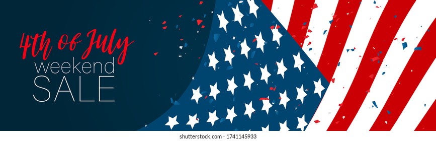 4th of July Independence Day weekend sale banner or header. USA national holiday design concept with a waving flag and confetti. Vector illustration.