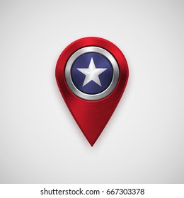 4th of July Independence map pointer badge, GPS button template with metal circular polished, brushed concentric texture, chrome, steel, silver, realistic shadow, light background. Vector illustration